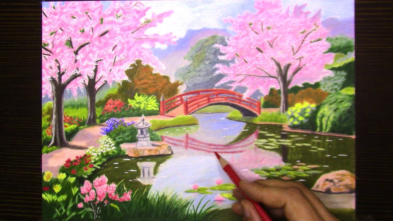 Colored Pencil Drawing Lake, Wooden Bridge and Forest Landscape