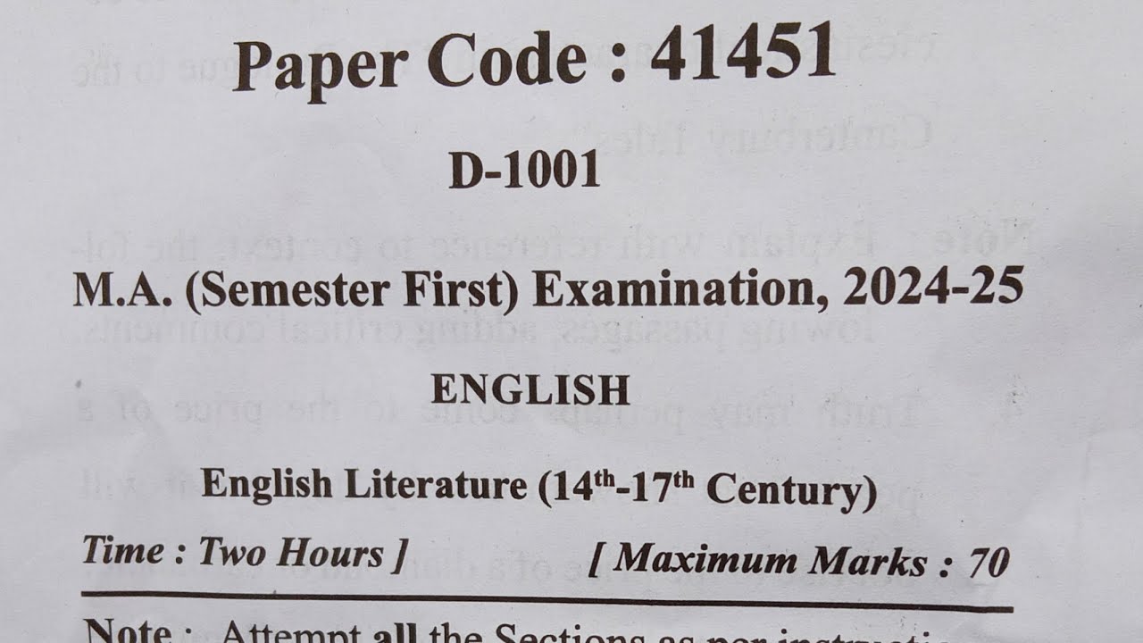 MA (Sem 1st) ENGLISH (English Literature) (14th-17th Century)Paper 1st,Question Paper 2024&ndash;25 #mjpru