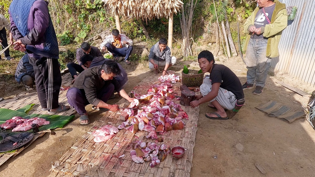 Somu Nati & friends sharing pork meat in Village@AloneAdhirajnepal