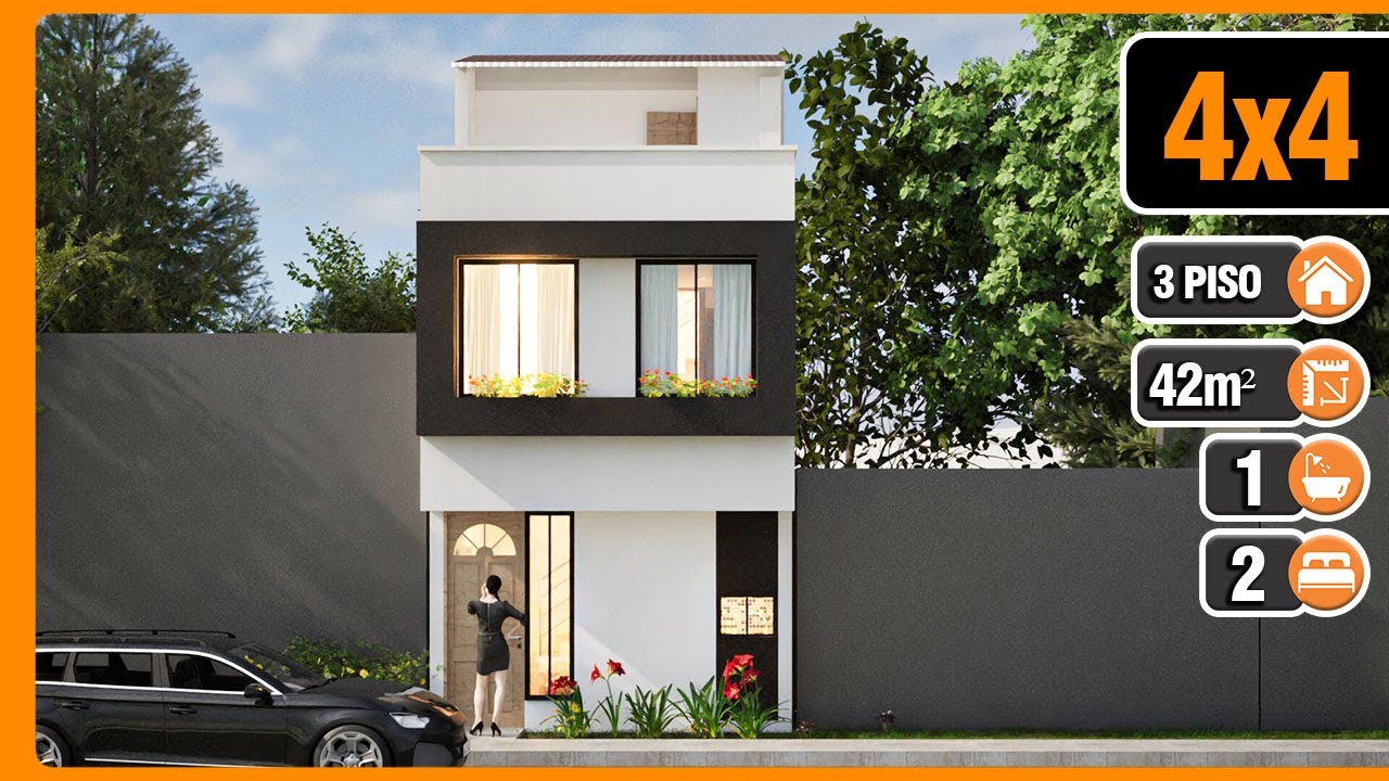 Casa Pequeña 4x4 de 3 plantas con Terraza | 2 Dormitorios | 1 baño | Planos de Casas Pequeñas