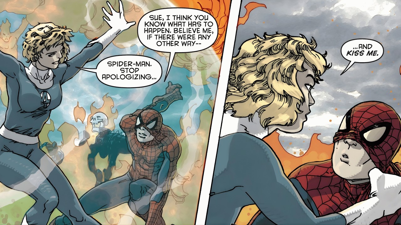 Sue Storm Kisses Spider-Man Which Makes Johnny Storm Angry