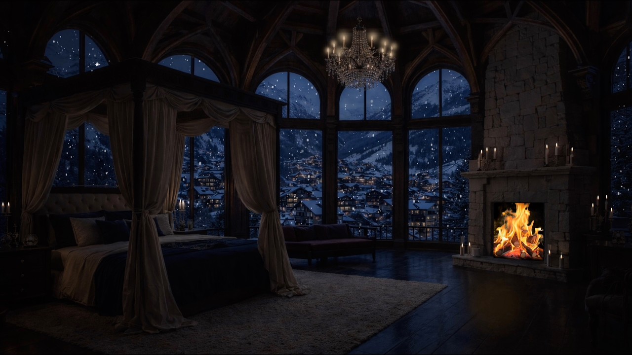 Snowy Alpine Fireplace Bedroom ❄️ 11 Hours Winter Sleep Ambience | Crackling Fire, Falling Snow