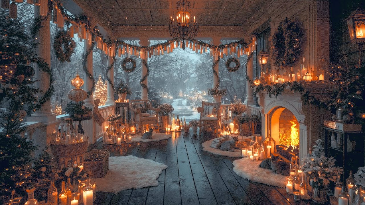 Christmas Porch Ambience | Relaxing Christmas Fireplace Fire Sounds | Cozy Whimsical Christmas Porch