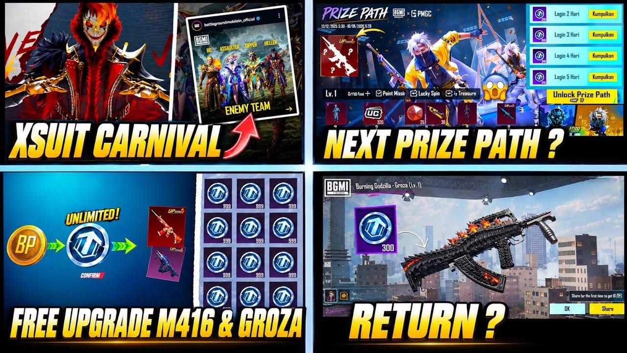 BGMI 4.7 😍 FREE UPGRADE GROZA & M416 CONFIRM / BGMI NEXT PRIZE PATH / BGMI X-SUIT CARNIVAL COMING !!