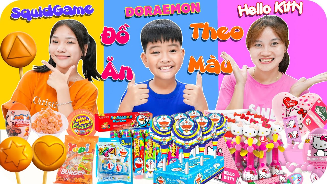 24H Ăn Đồ Ăn Theo Màu Sắc Nhân Vật Doraemon, Hello Kitty & SquidGame ♥ Min Min TV Minh Khoa