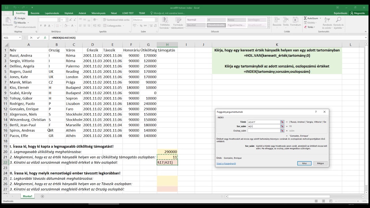 Excel alapok 09: HOL.VAN, INDEX függvény