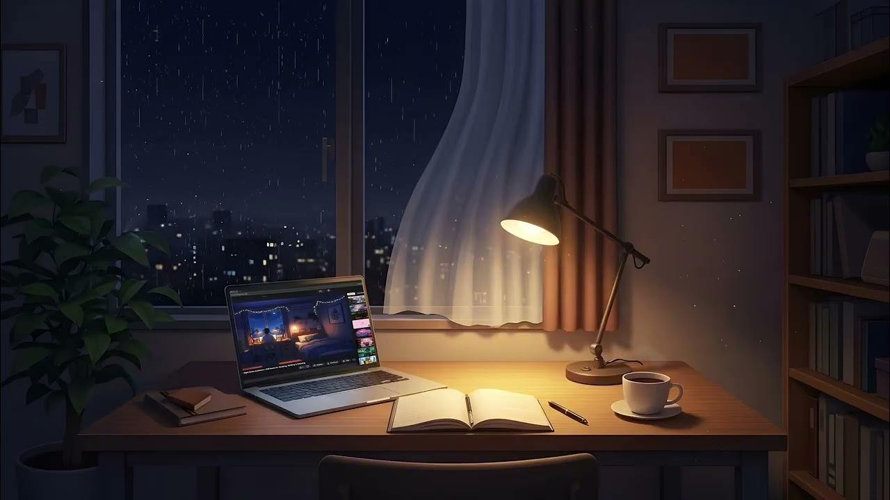 Deep Focus Lofi – Cozy Night Room with Rain Sounds | Study & Work Ambience