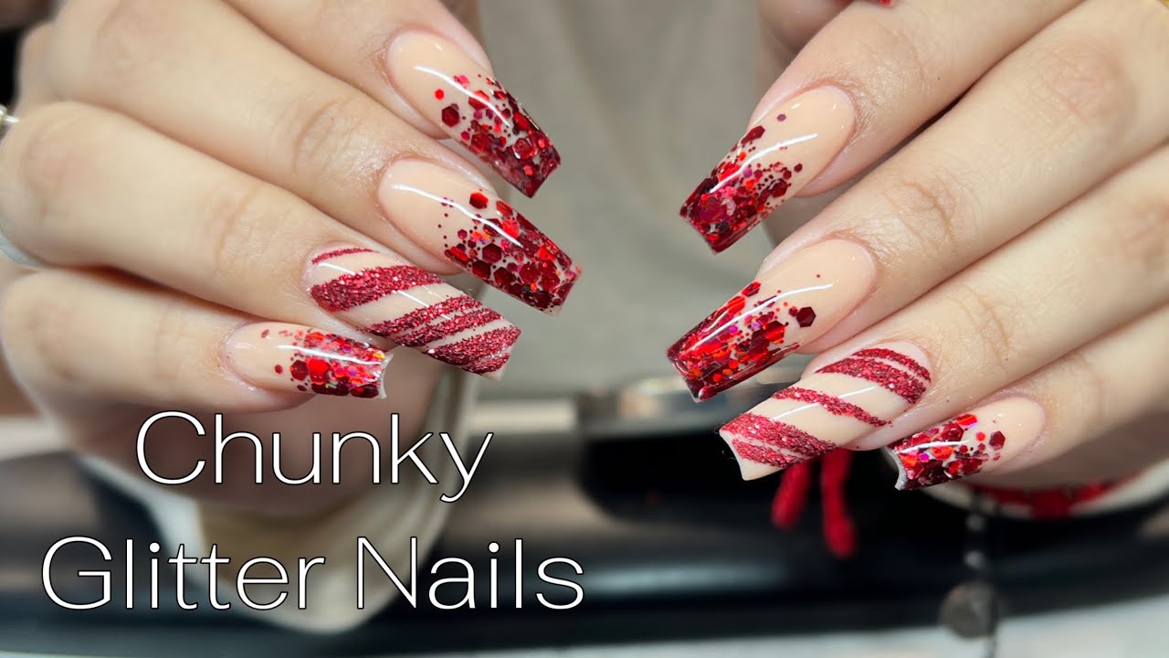 Christmas Nails: Red Glitter Encapsulation + Textured Candy Cane Nail Art