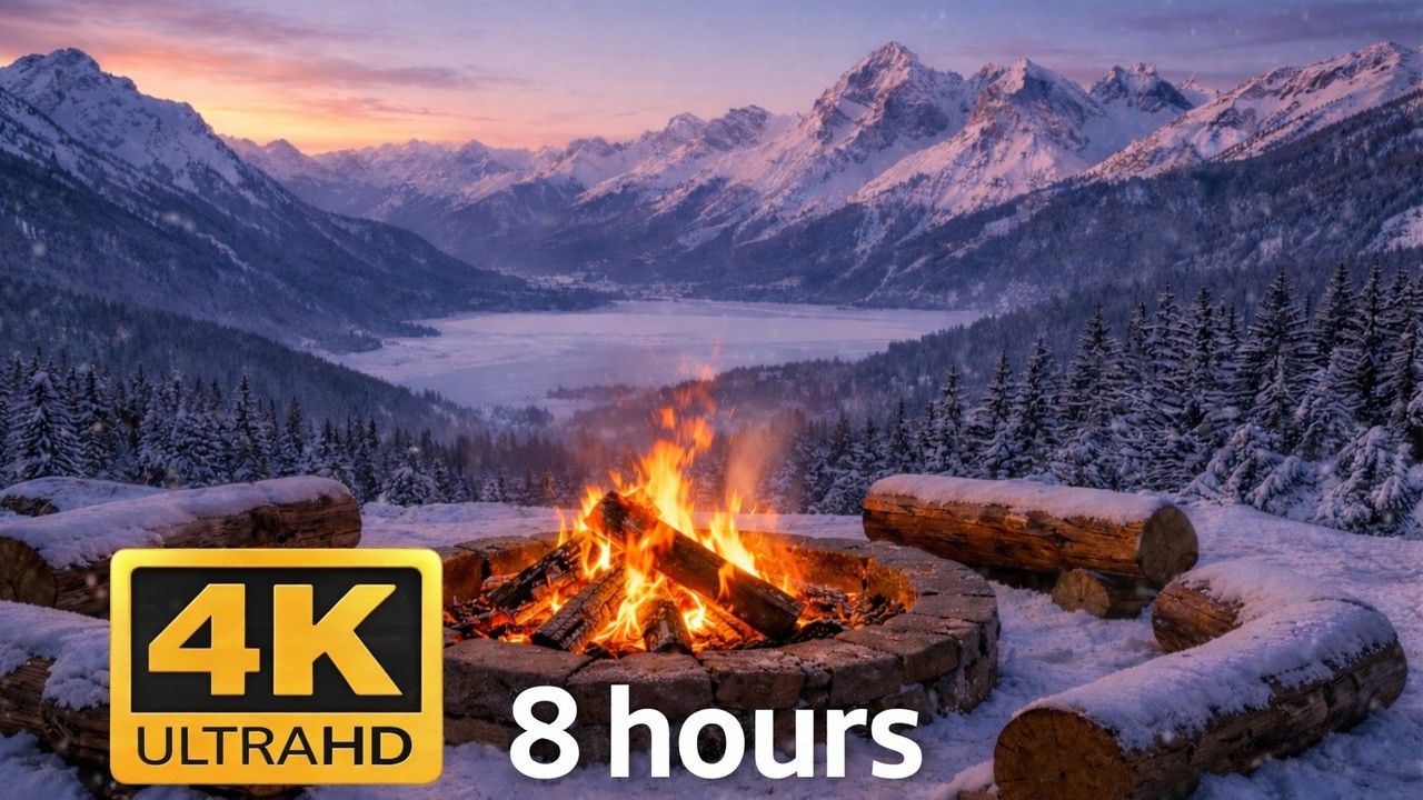 Cozy Campfire in Snowy Mountains 🔥 4K Fireplace Ambience • Relaxing Fire Sounds • 8 Hours