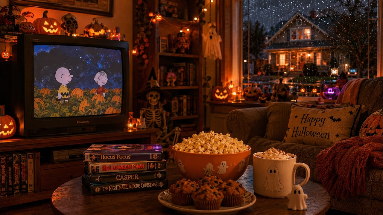 Cozy 2000s Halloween Night 🎃 Vintage Rain Ambience | Thunder, Crackling Fire & Nostalgic Fall Vibes