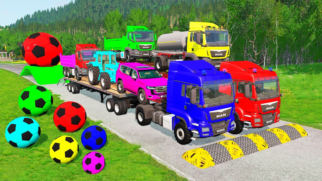 Flatbed Trailer McQueen Transportation with Truck - Speedbumps vs Cars vs Train - BeamNG.Drive #66