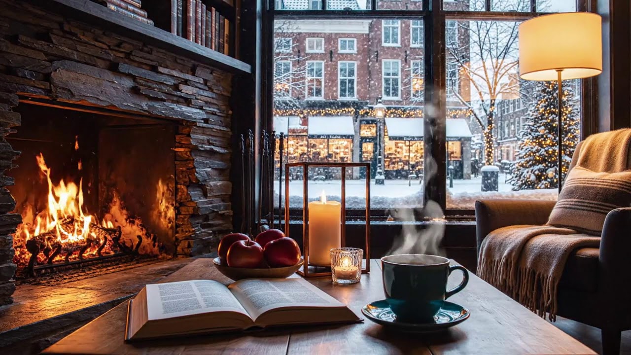 Winter Night Café Sounds ☕ Soft Jazz & Fireplace for Calm Productivity