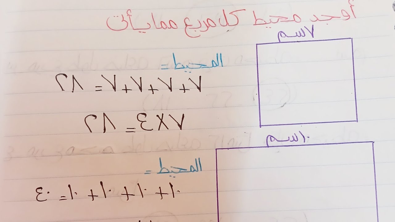 الدرس الخامس رياضيات الصف الثالث الابتدائي حساب محيط المربع وطول ضلع المربع ترم ثاني ٢٠٢٥