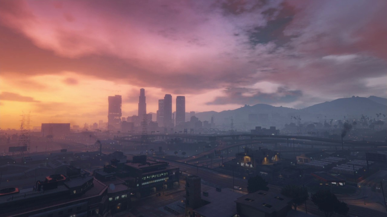 (GTA V) City Sunset  | Traffic , brids & Crickets, Rustling leaves