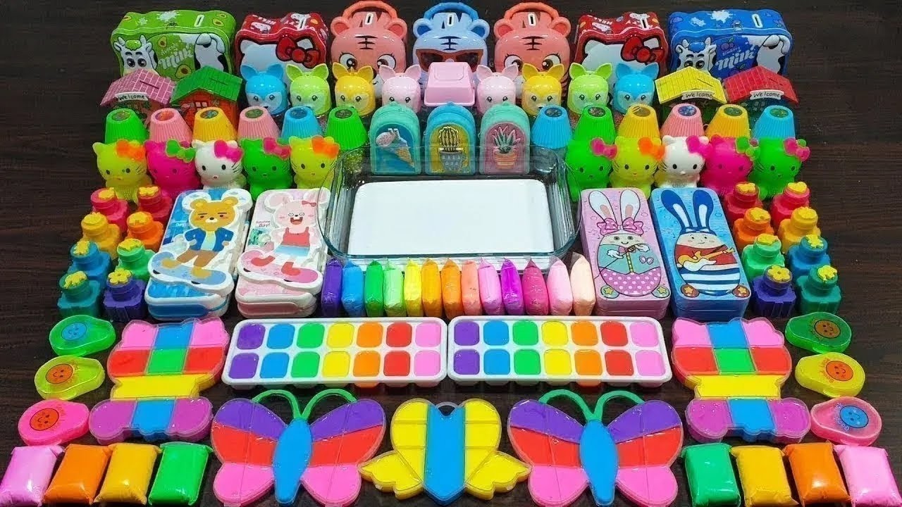 Rainbow clay ! Mixing random things into homemade slime ! Relaxing slime videos !!!