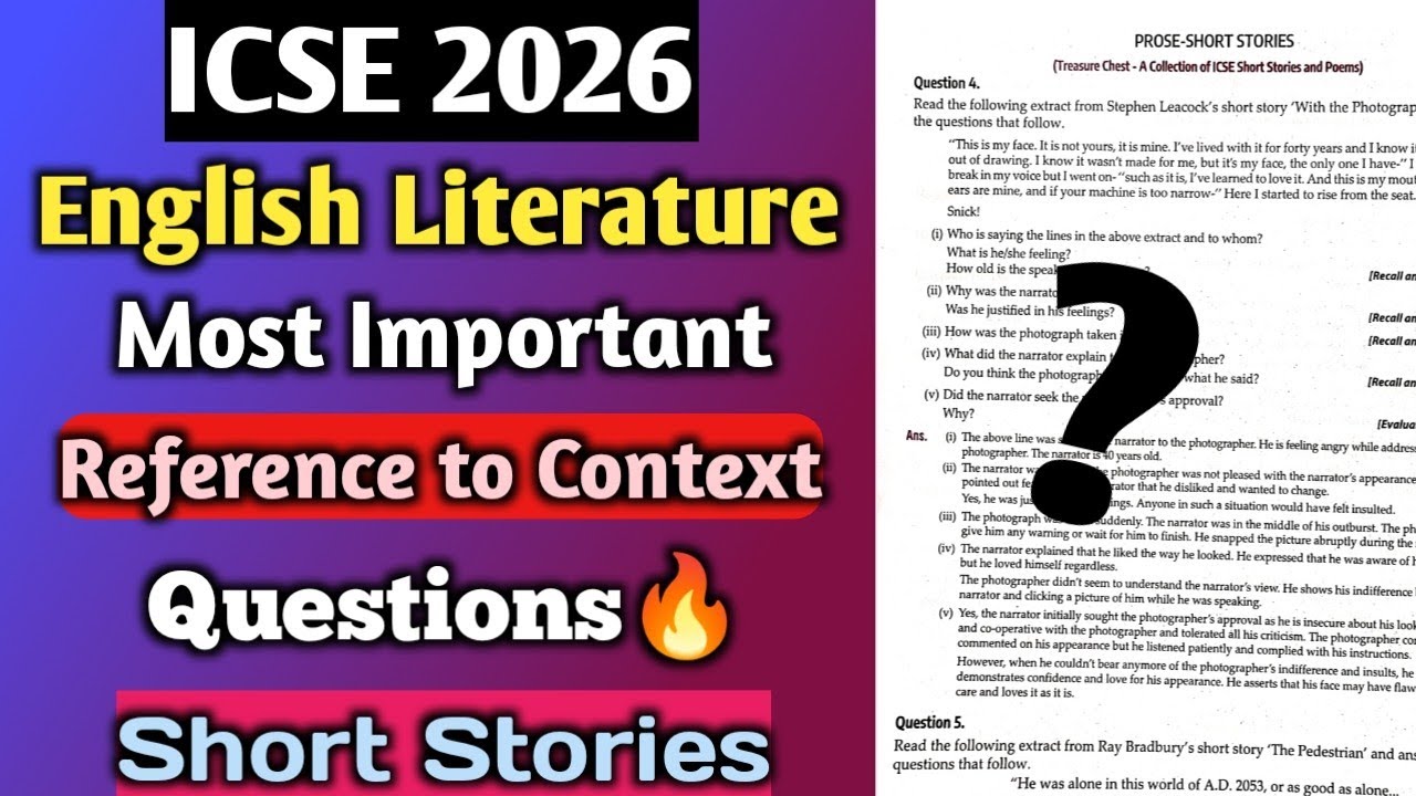 ICSE 2026 English Literature | Most Important Reference to Context Type Questions | Prose | REVISION