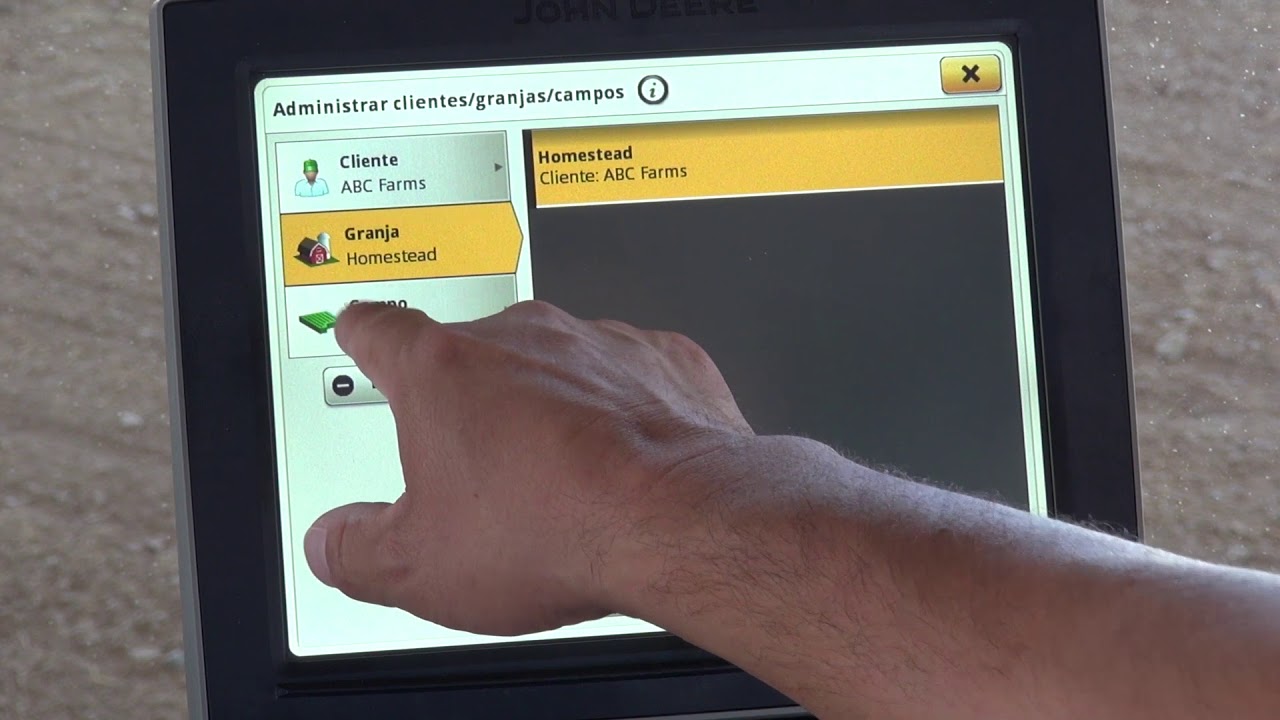 Pantalla John Deere Gen4: Como ingresar cliente, granja y campo