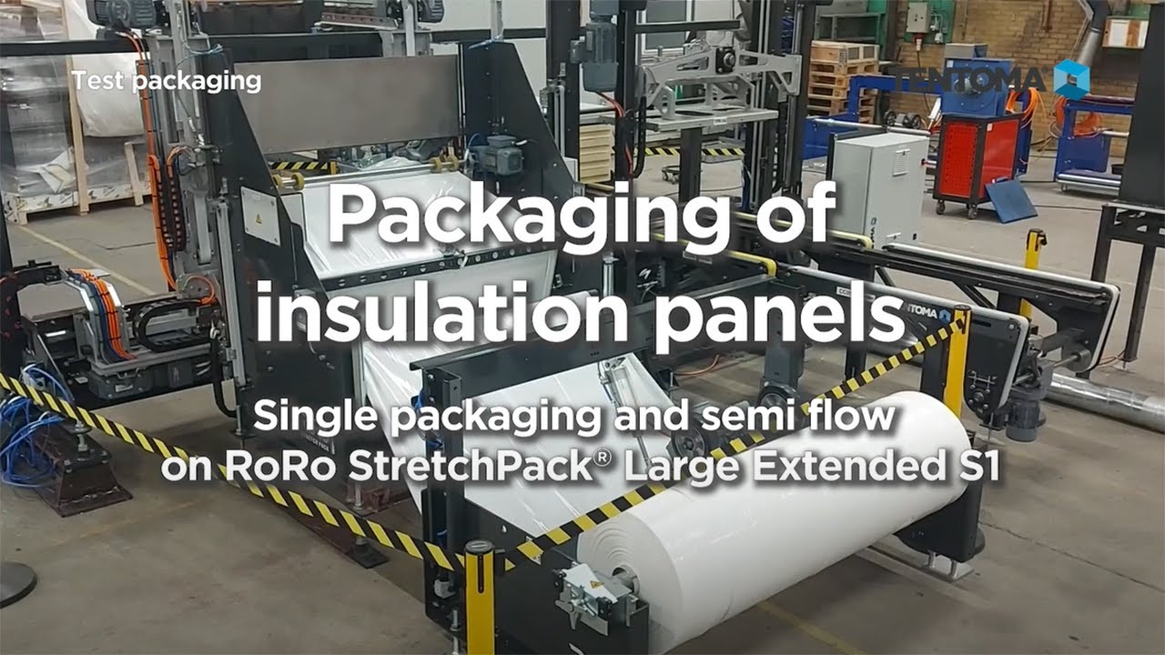 Versatile packaging machine for insulation panels (EPS, XPS, PUR, PIR)
