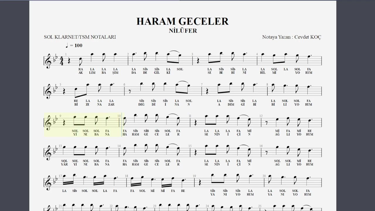 HARAM GECELER   NİLÜFER NOTA SOLFEJ