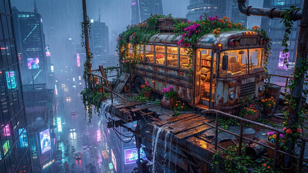 Cozy Lo-fi Cafe Above the Rainy City | Chill Beats for Relaxing, Studying & Focus | 4K 60FPS
