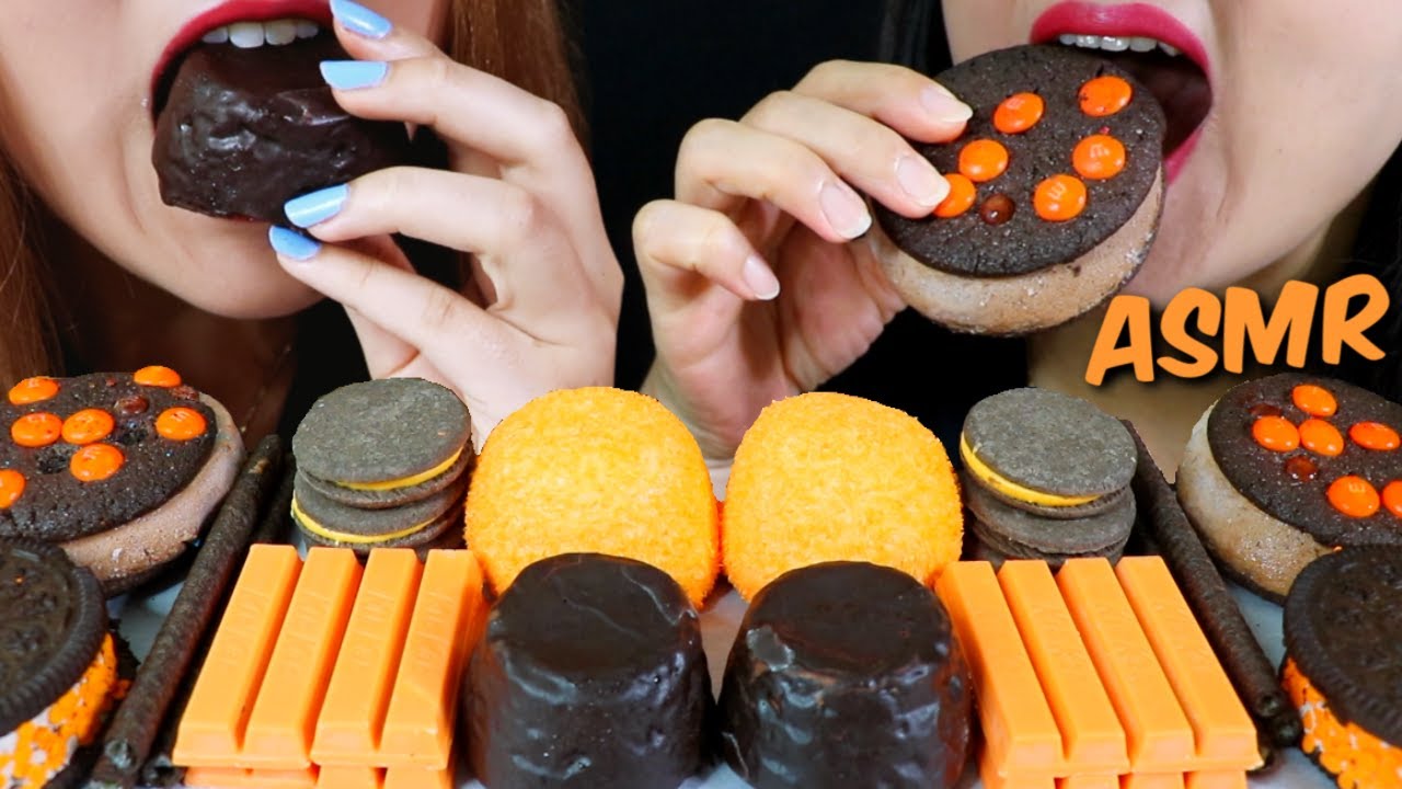 ASMR CHOCOLATE CAKE, ORANGE KITKATS, M&MS ICE CREAM, SNOBALLS, OREO ICE CREAM 먹방 | Kim&Liz ASMR