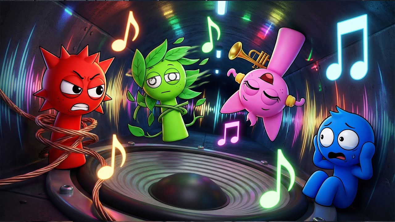 Giant Speaker Trap 😱🎶Raddy, Vineria, Aqua & Pinki Face Sonic Interference🔊 | Funny Sprunki Animation