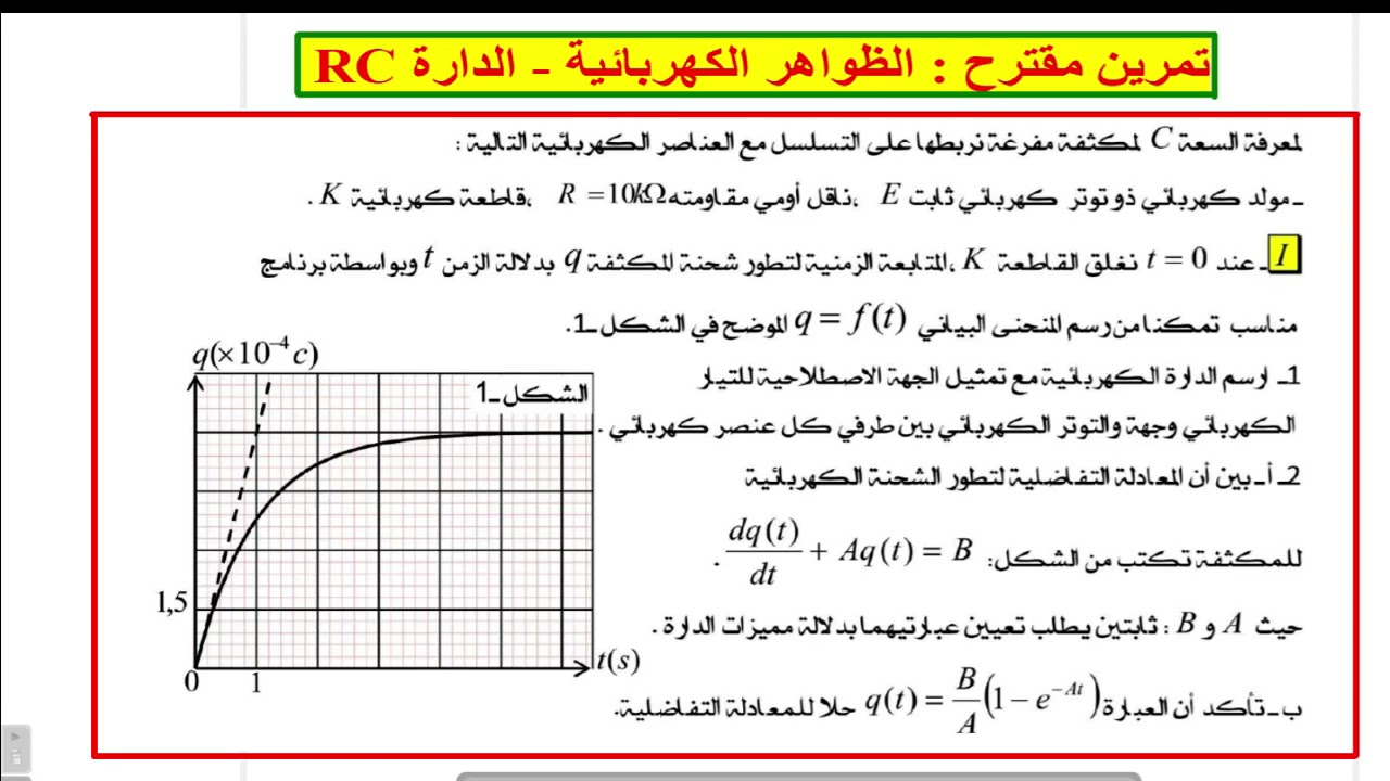 تمرين مقترح : الظواهر الكهربائية - الدارة RC
