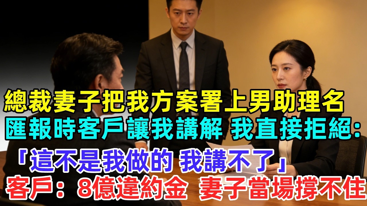 總裁妻子把我做的方案署上男助理名，匯報時客戶讓我講解，我直接拒絕：「這不是我做的，我講不了。」客戶直接變臉：「那就談談8億違約金吧！」妻子當場撐不住【逆襲人生】#奇聞#故事#完結文