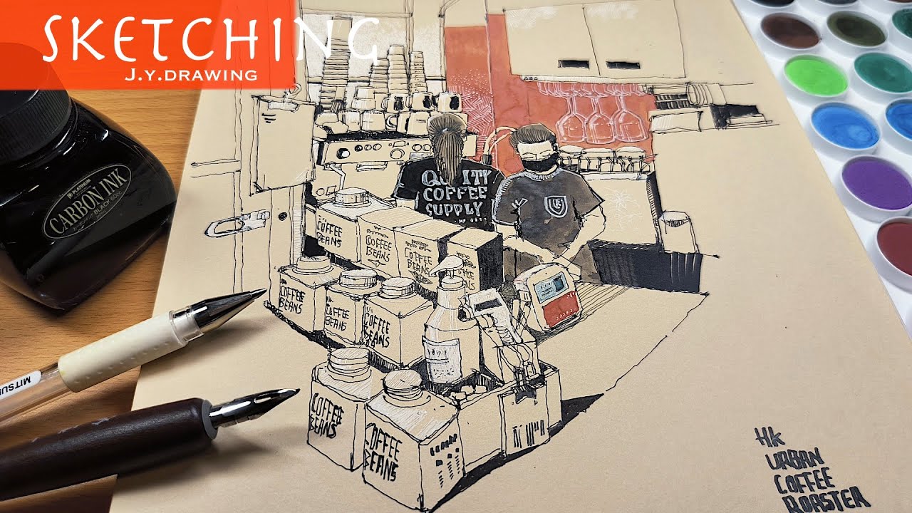 Sketching A Cozy Coffee Shop with A Dip Pen, Gouache and White Ball Pen