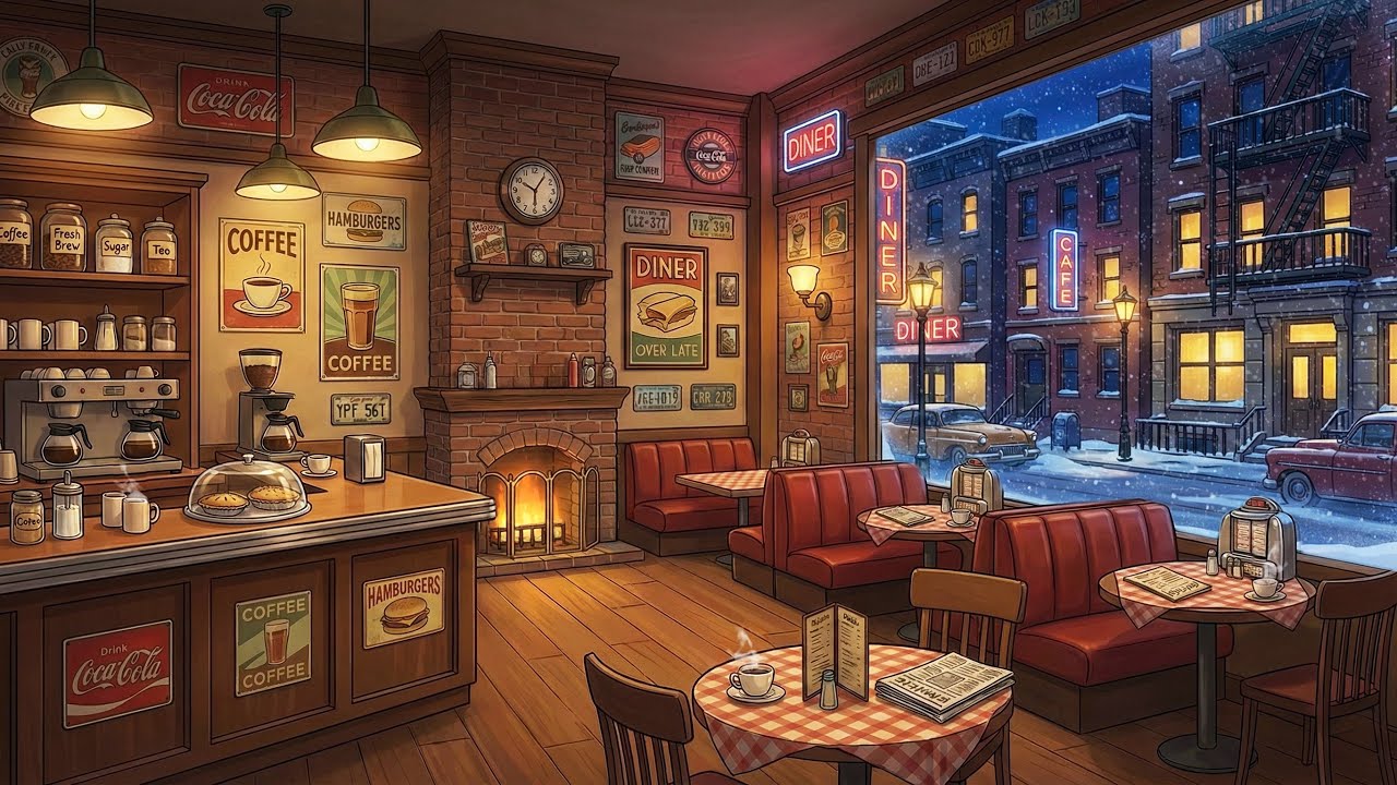 1950s New York Diner Jazz — Cozy Vintage Vocals for Study & Relax 🔥 Fireplace Ambience