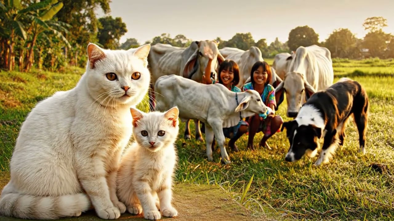 Mama Cat Trims Fur on the Farm and Makes Cow Hat For Kittens At Home 🐄🎩🐾🐈