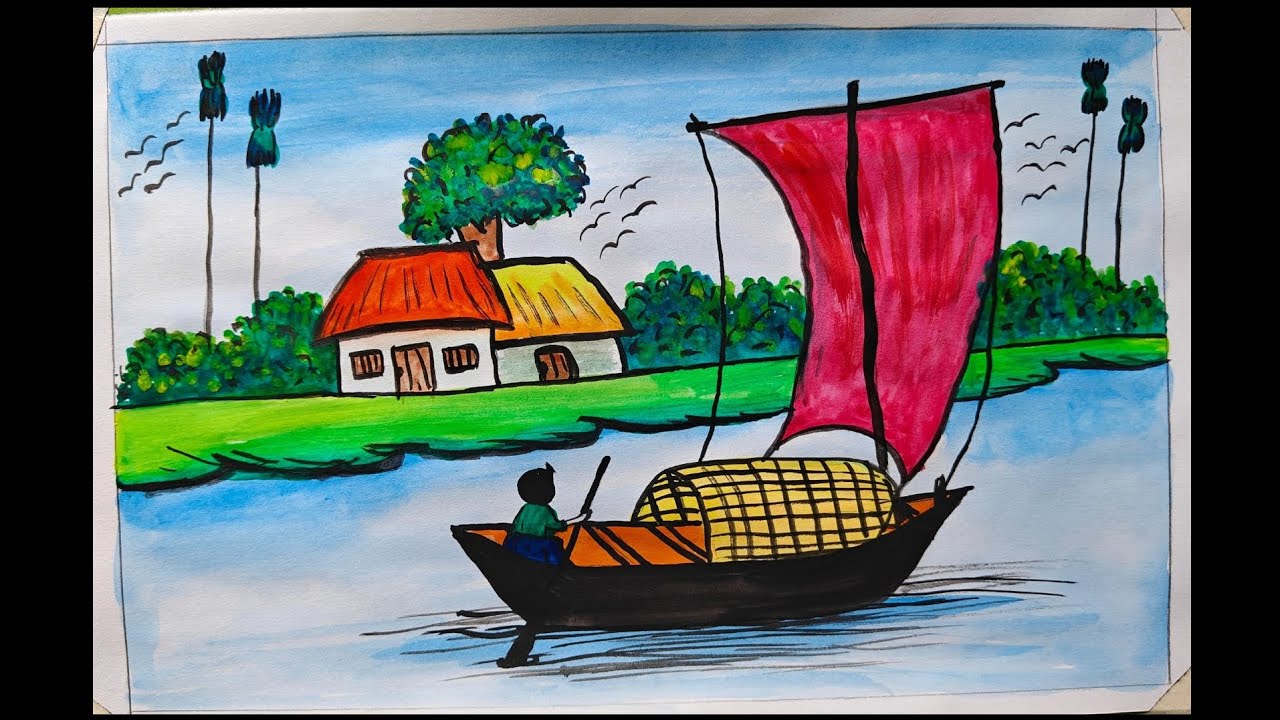 River side village scenery drawing l very easy village scenery painting for beginners l