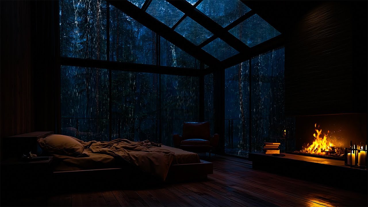 Quiet Rainy Night on a Forest Cabin with Fireplace Sounds – Peaceful Ambience for Deep Sleep, Relax