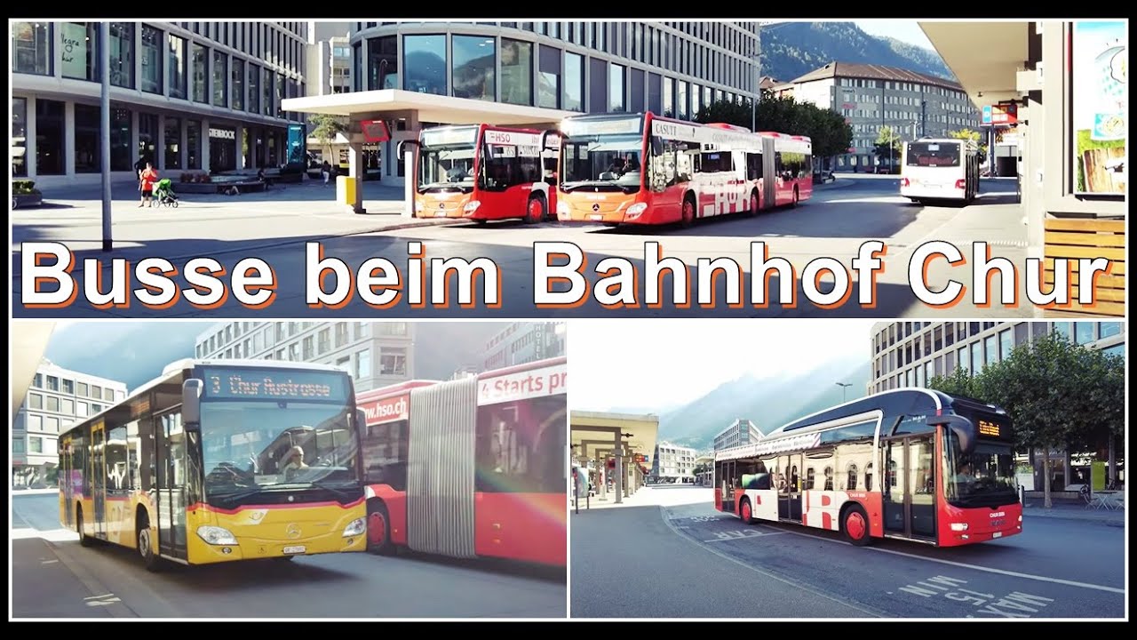 Viele Busse beim Bahnhof Chur, Kanton Graubünden, Schweiz 2022