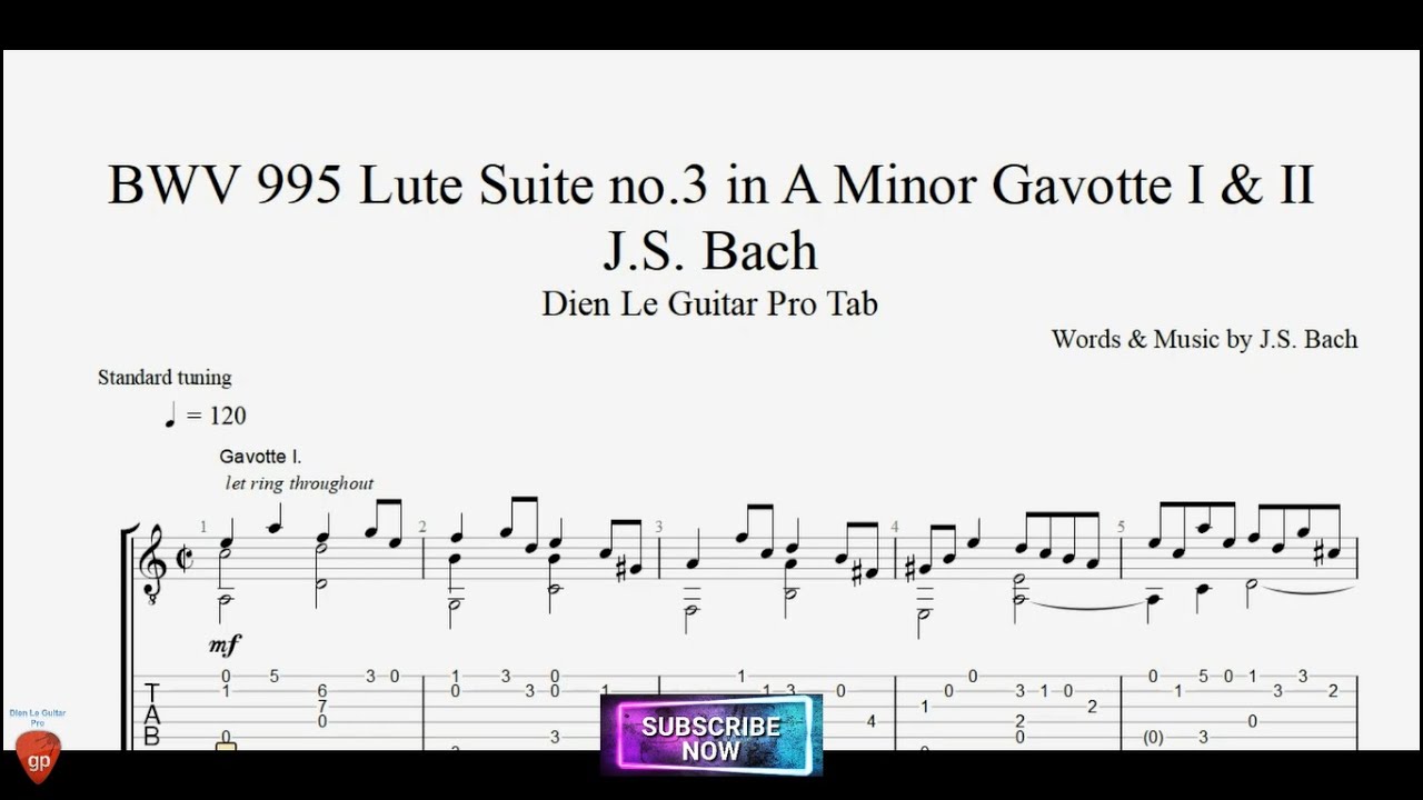 J.S.Bach BWV 995 Lute Suite no.3 in A Minor Gavotte I & II with Guitar Tutorial TABs