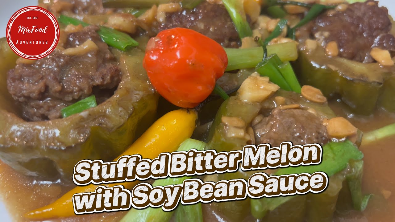 STUFFED BITTER MELON WITH SOYBEAN SAUCE. GEVULDE SOPROPO MET SOYBEAN SAUCE.