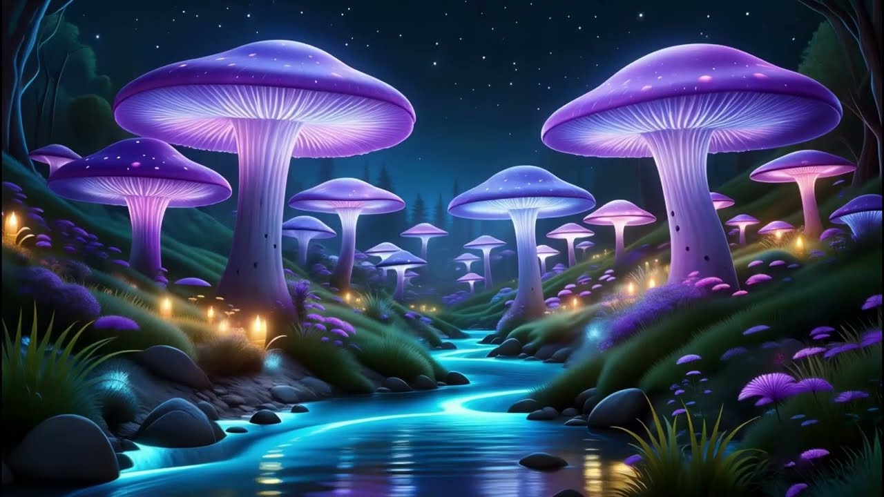 Magical Night Mushroom Forest 🌙🍄 Water Sounds & Calm Instrumental Music