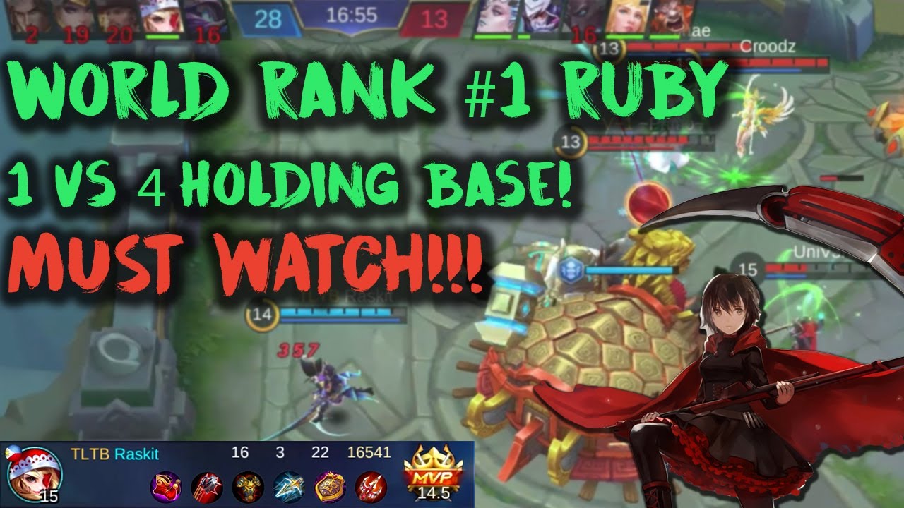 World Rank #1 Ruby 1vs4 Holding Base! Almost 90% Kill Contribution! INSANE!! Mobile Legends