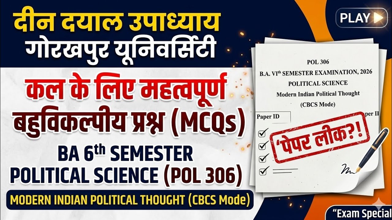 Modern Indian Political Thought (POL 306) MCQ | BA 6th Sem Political Science DDU Gorakhpur