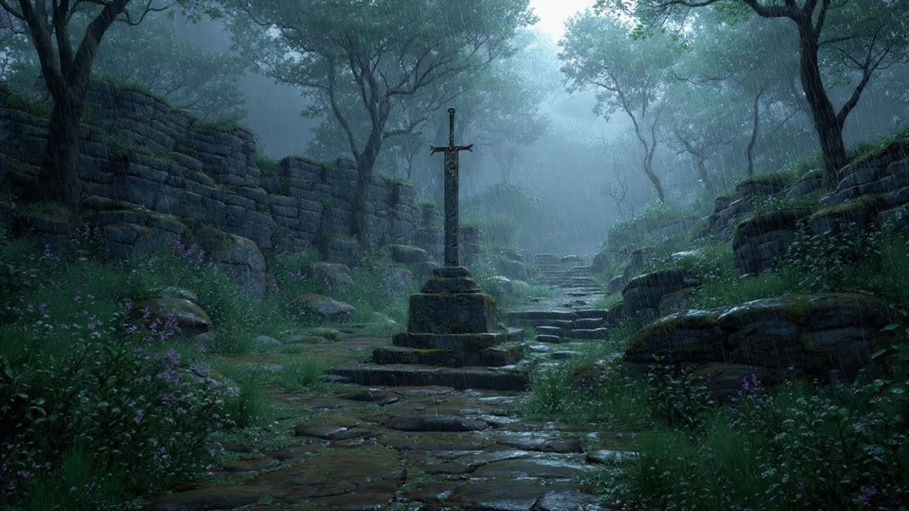 Medieval Sword in Dark Forest Heavy Rain | Fantasy Ambience