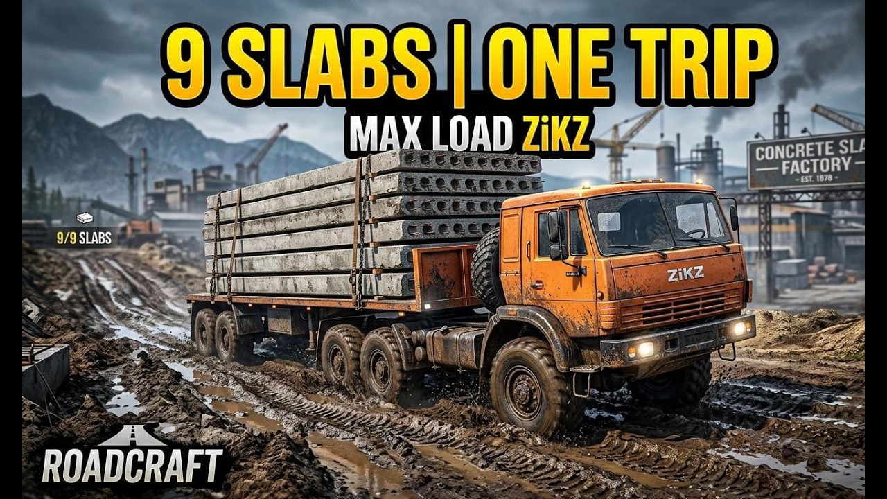 RoadCraft Gameplay: Producing 9 Concrete Slabs with ZiKZ 605E | Heavy Transport Mission