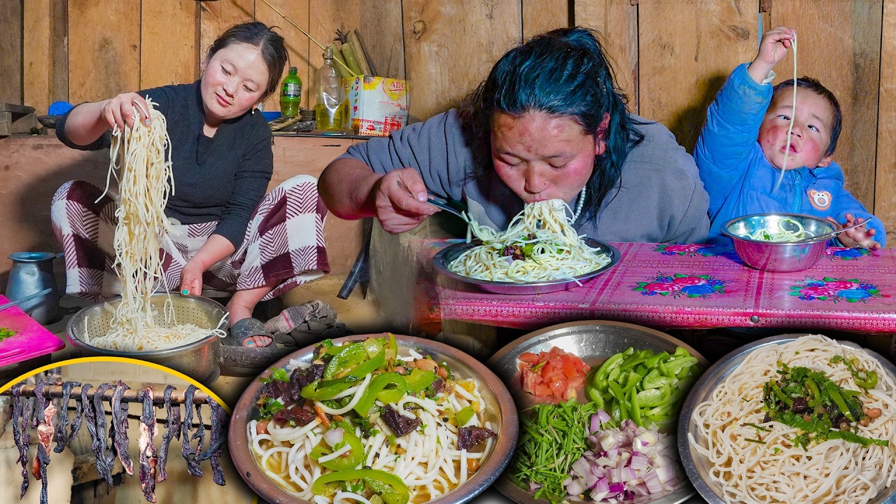 Village style Buff Thukpa Soup making & eating || Noodle Soup in Village || Rural cooking video