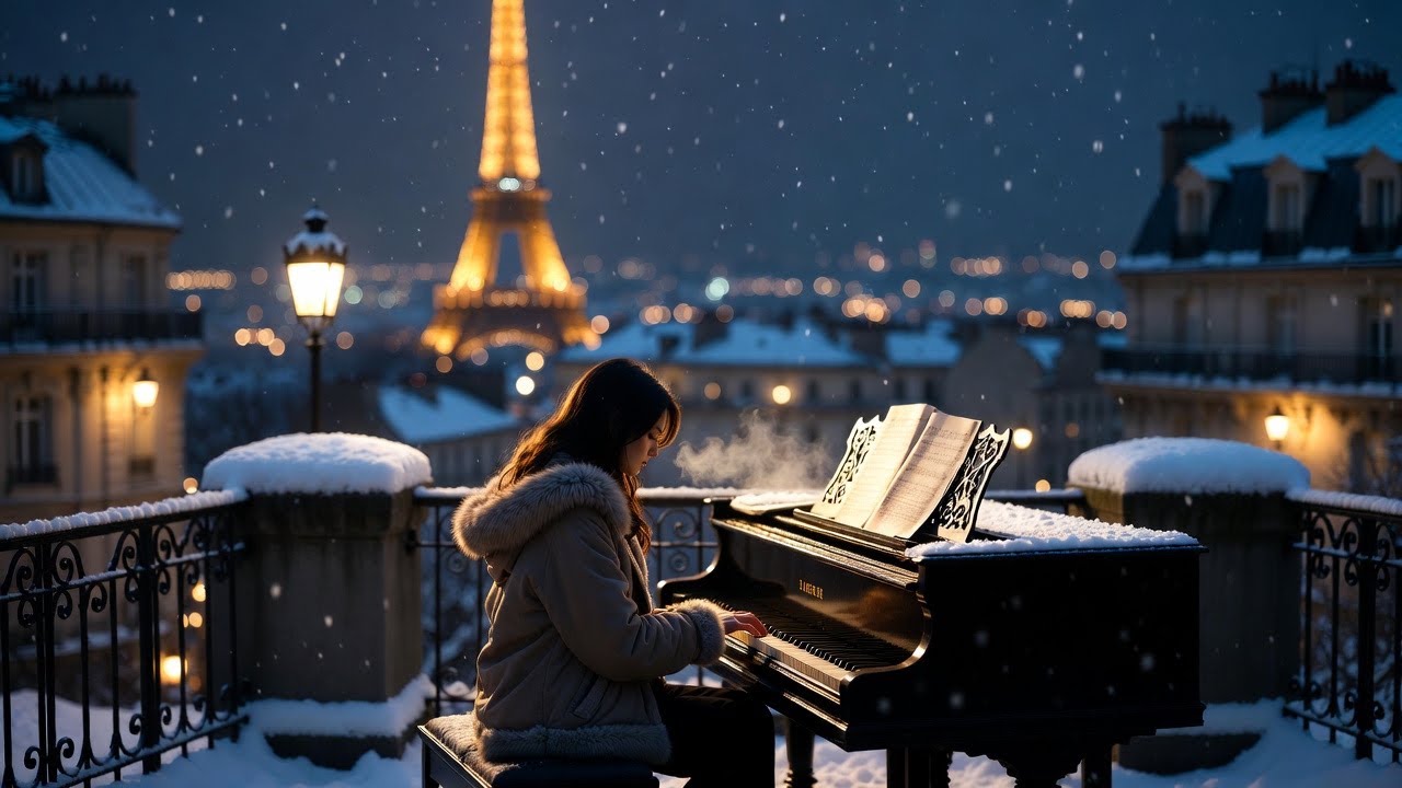 Paris Winter Piano Ambience / Relaxing Piano Music, Snowfall over Eiffel Tower & Cozy Night