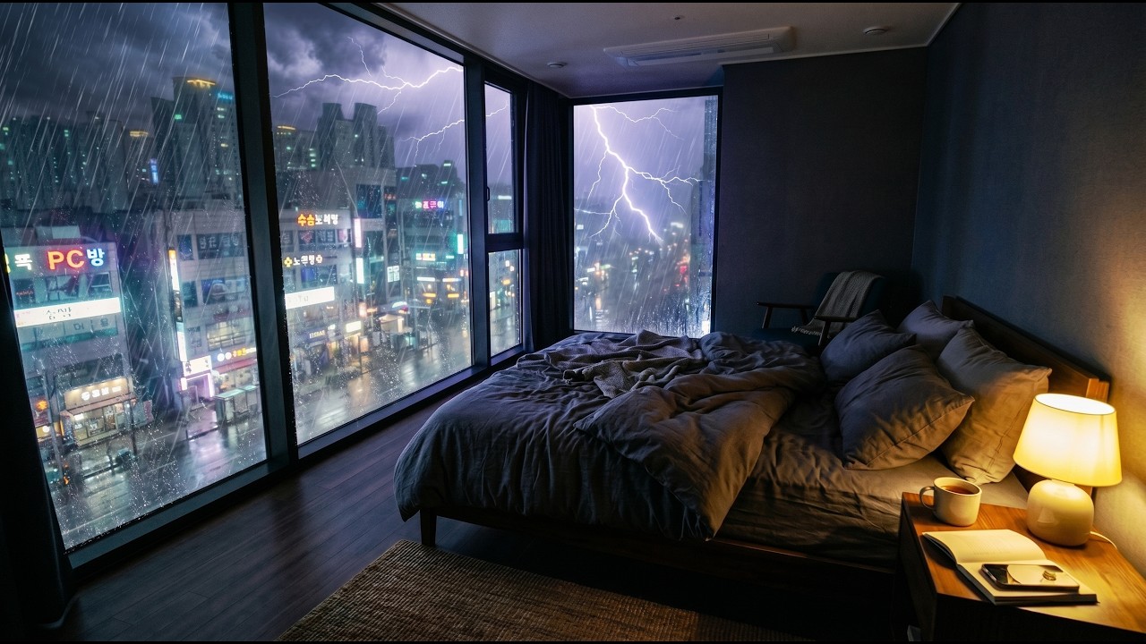 Heavy Rain with Thunder Sound in Apartment Bedroom for Deep Sleep & Insomnia Relief |1 Hour