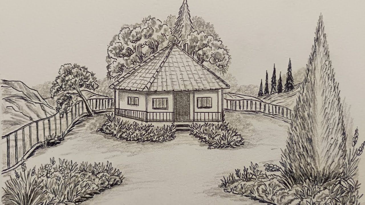 Beautiful landscape scenery in pencil and pen 