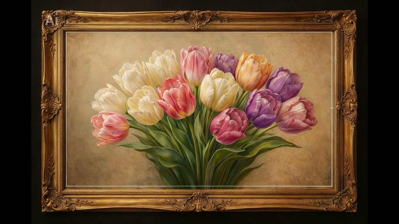 Romantic tulips I Gold Frame TV Art  Screensaver for TV I Wallpaper