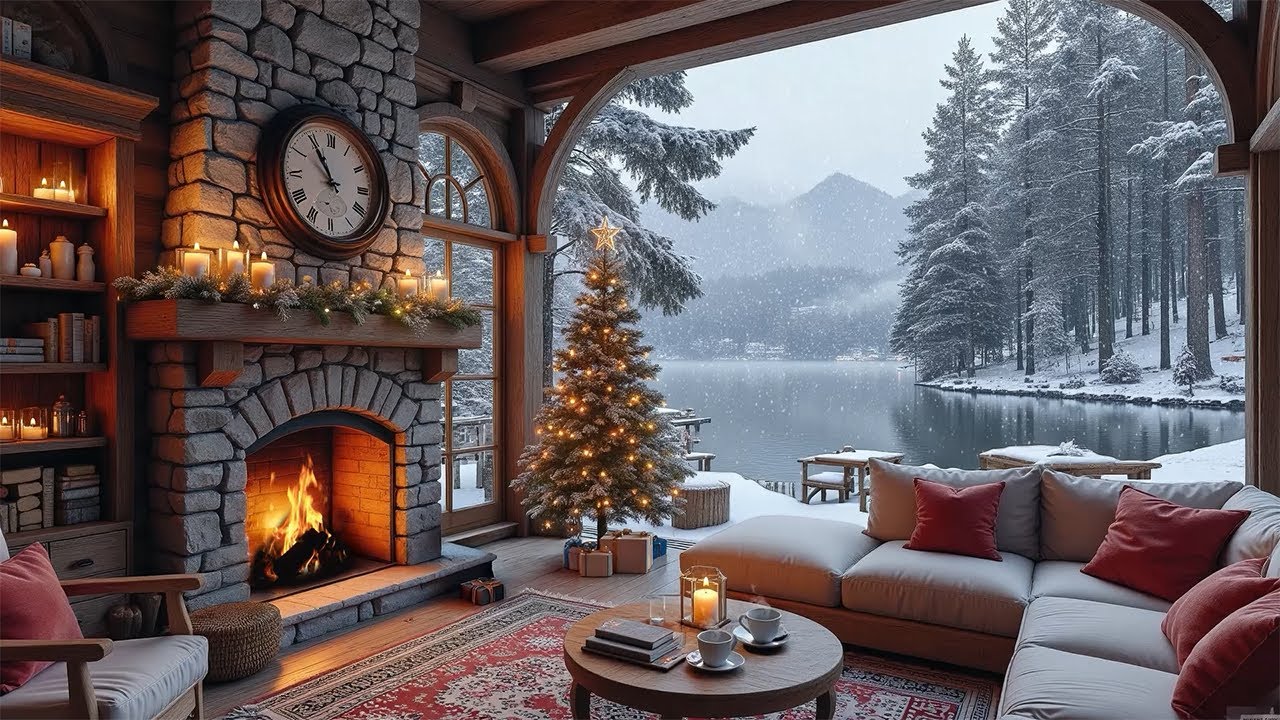 Winter Lake Jazz ❄️ Fireplace Ambience & Smooth Jazz in a Cozy Cabin