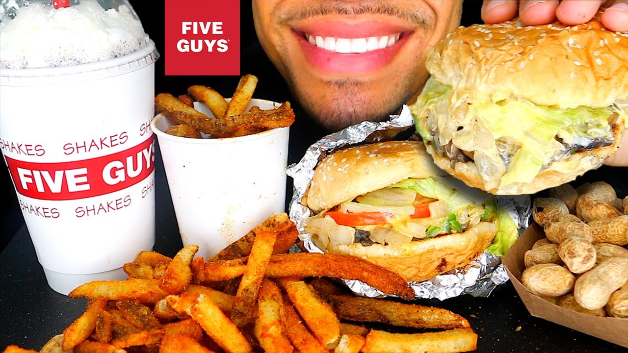 FIVE GUYS MUKBANG EATING CHEESBURGER CAJUN FRIES OREO MILKSHAKE PEANUTS NO TALKING MOUTH SOUNDS