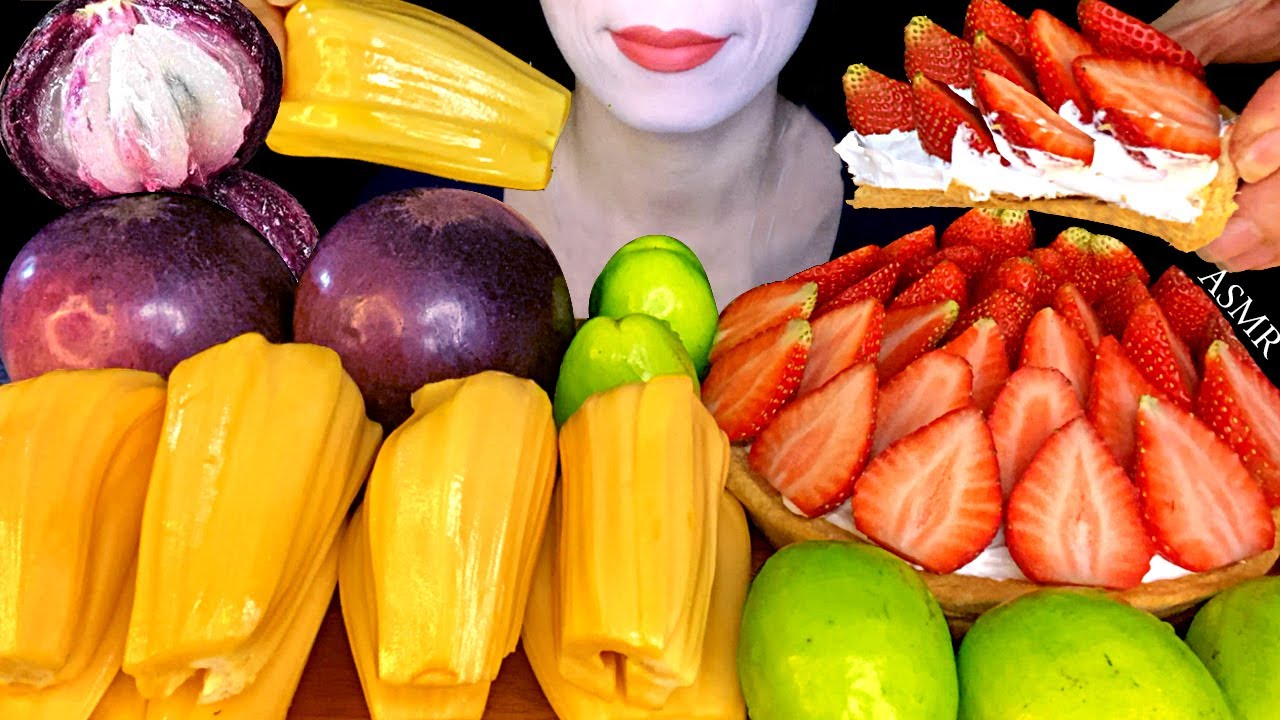 ASMR Strawberry Tart & Fruit (Milk Fruit, Jack Fruit, Green Apple) | Eating Sounds