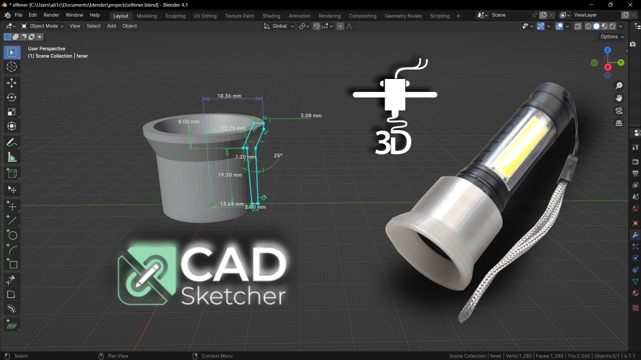 🛠️ Ремонт фонаря для 3D-печати в Blender: Чертёж защитного кольца с помощью CADSketcher